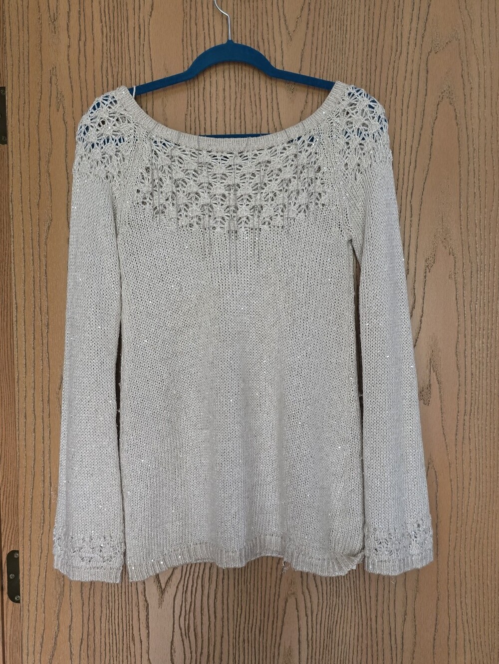 White House Black Market Cream Openwork Yoke Knit Sweater With Embellishments